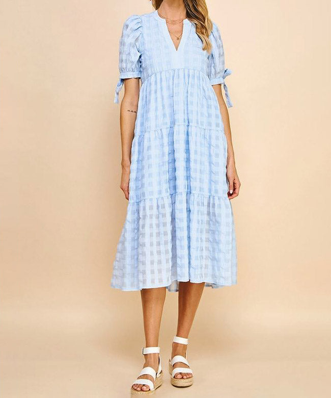 Gingham Print Tunic Dress - Light Blue - Buy Online