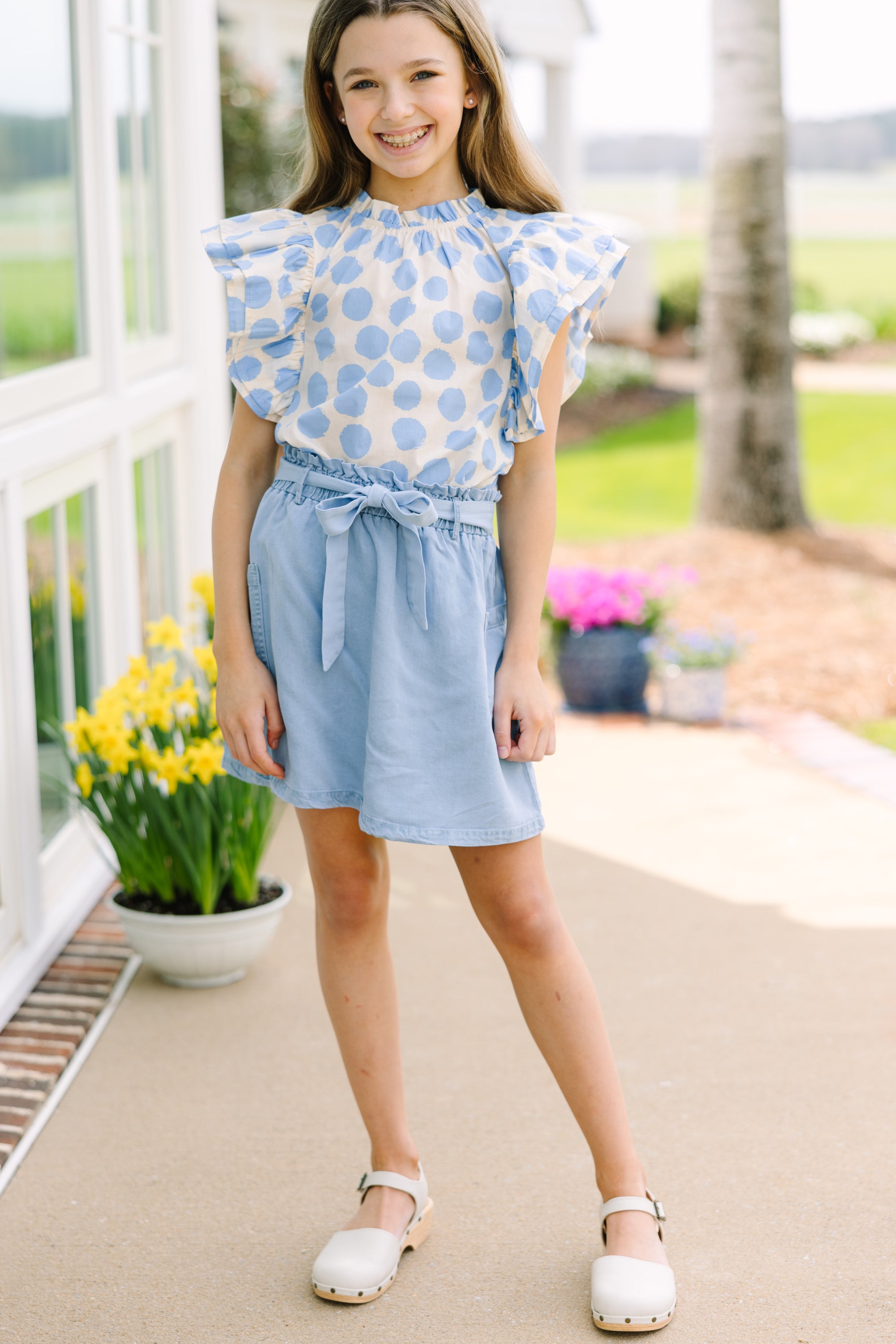 Girls Polka Dot Ruffled Blouse Blue