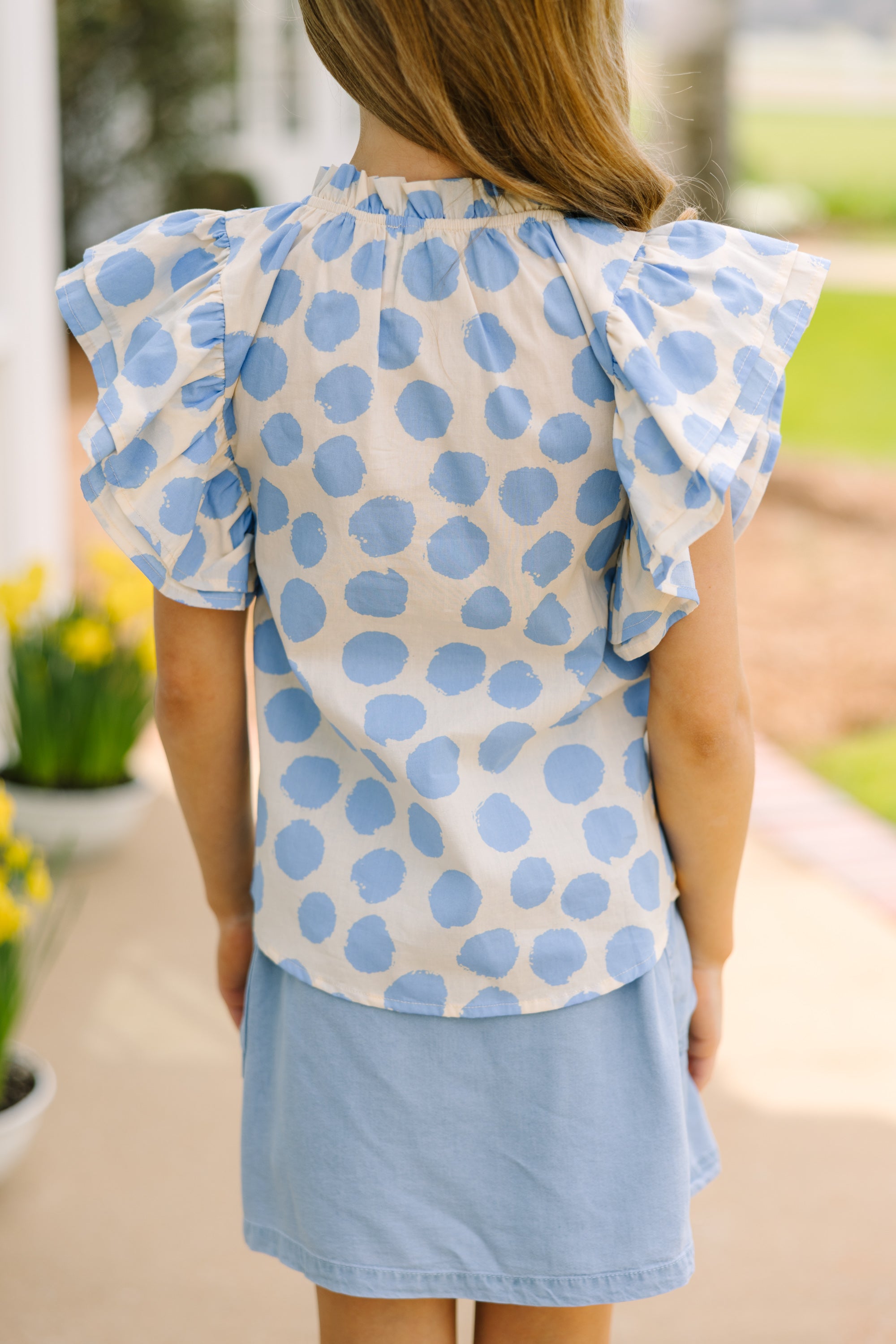 Girls Polka Dot Ruffled Blouse Blue