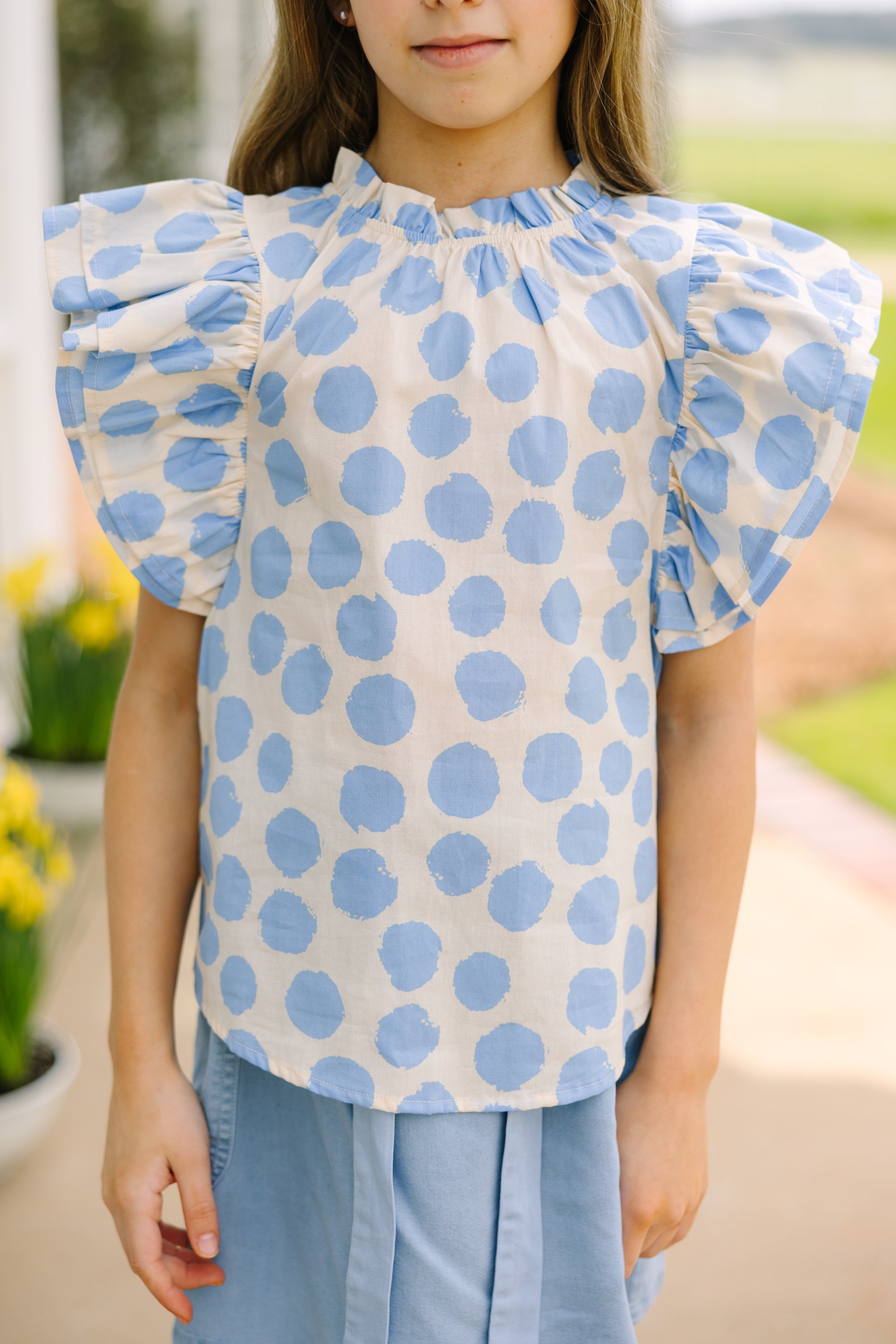 Girls Polka Dot Ruffled Blouse Blue