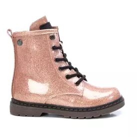 Girls XTI Boots Nude Glitter Patent Ankle Vegan Inside Zip 6 Eyelet Shoes 150081