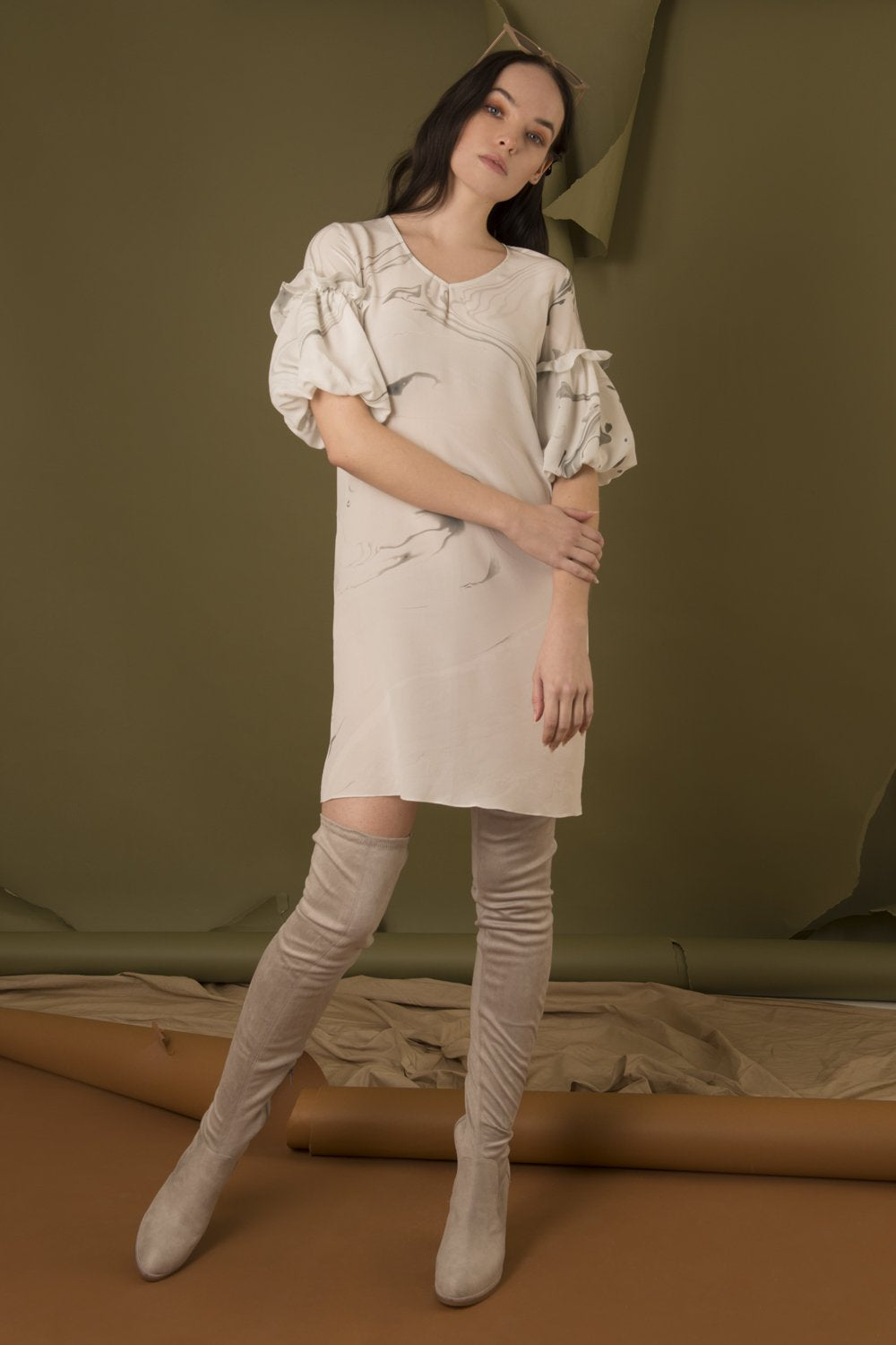 Hand Marbled Silk Tunic Dress - White Grey