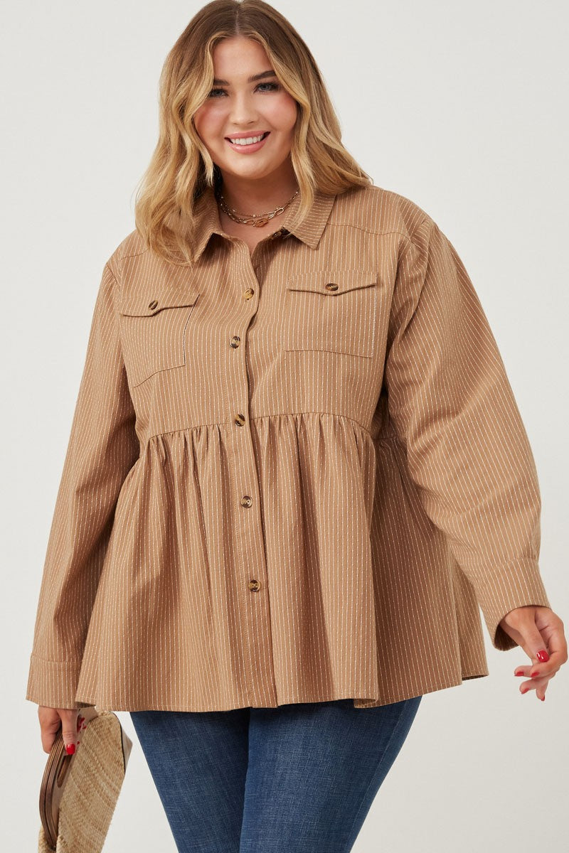 Hayden Long Sleeve Pinstripe Peplum Button Up Shirt - Textured