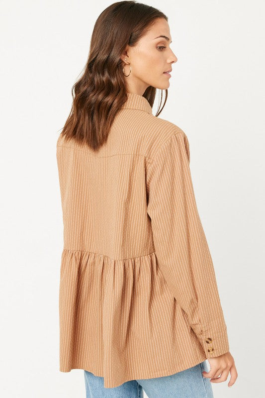 Hayden Long Sleeve Pinstripe Peplum Button Up Shirt - Textured