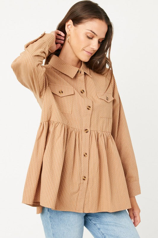 Hayden Long Sleeve Pinstripe Peplum Button Up Shirt - Textured