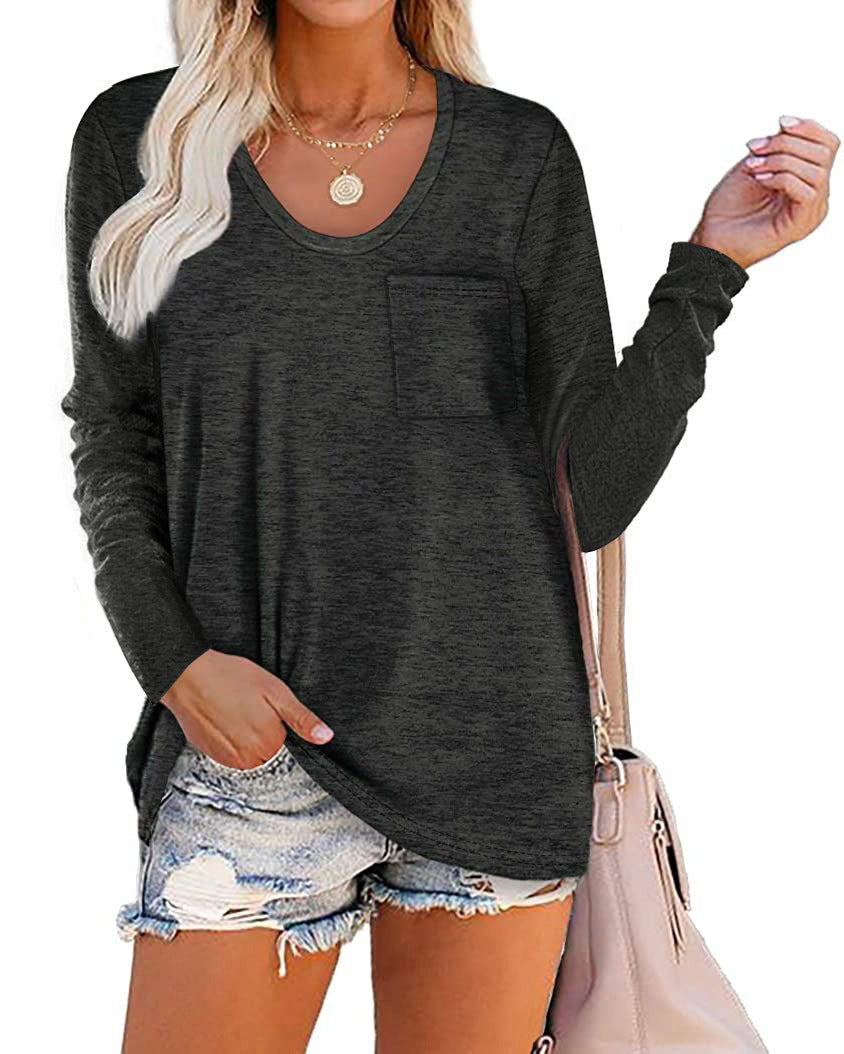 Heather Pocket Scoop Neck Long Sleeve Tunic Top