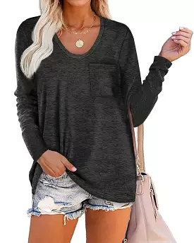 Heather Pocket Scoop Neck Long Sleeve Tunic Top