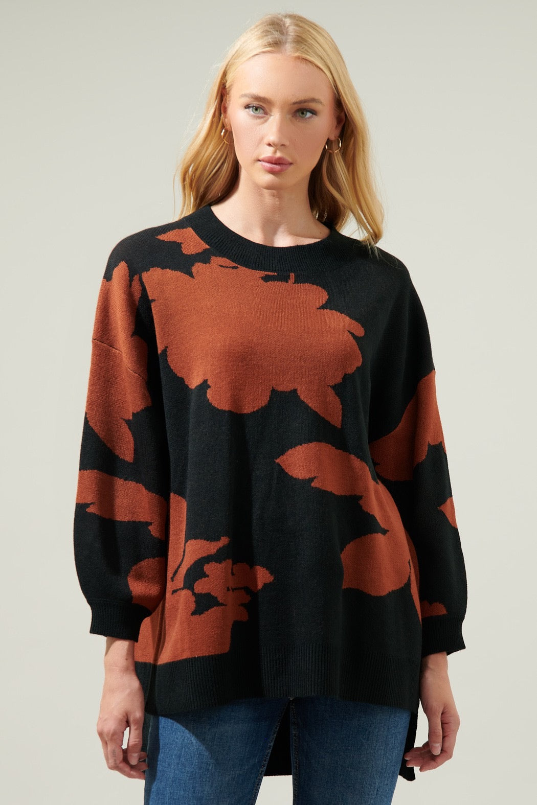 Hi-Low Tunic Sweater - Black/Brown