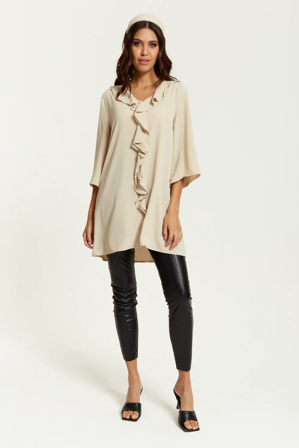 Hoxton Gal Frilled Tunic - Relaxed Fit, 3/4 Sleeves, Front Detail