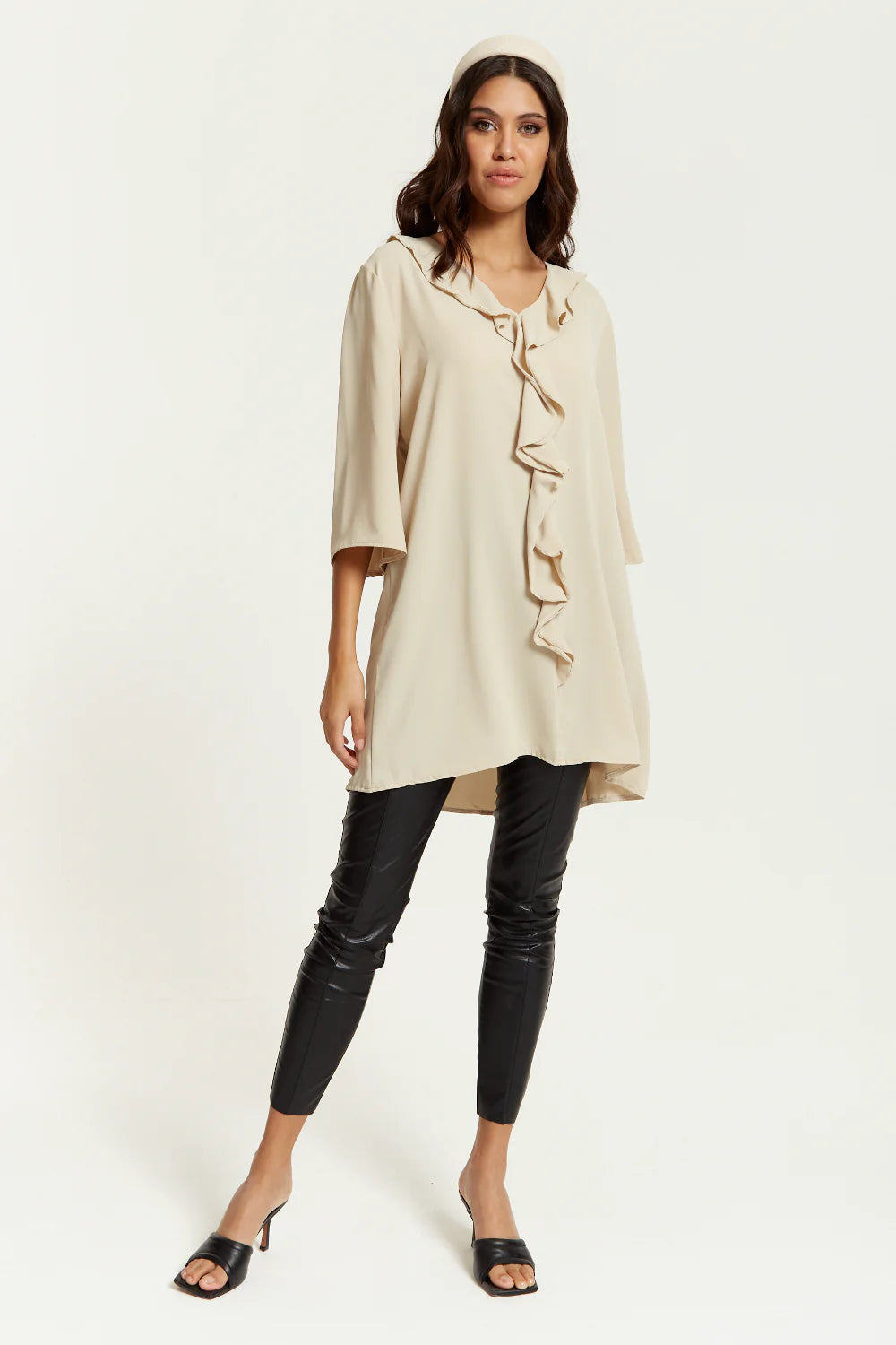 Hoxton Gal Frilled Tunic - Relaxed Fit, 3/4 Sleeves, Front Detail