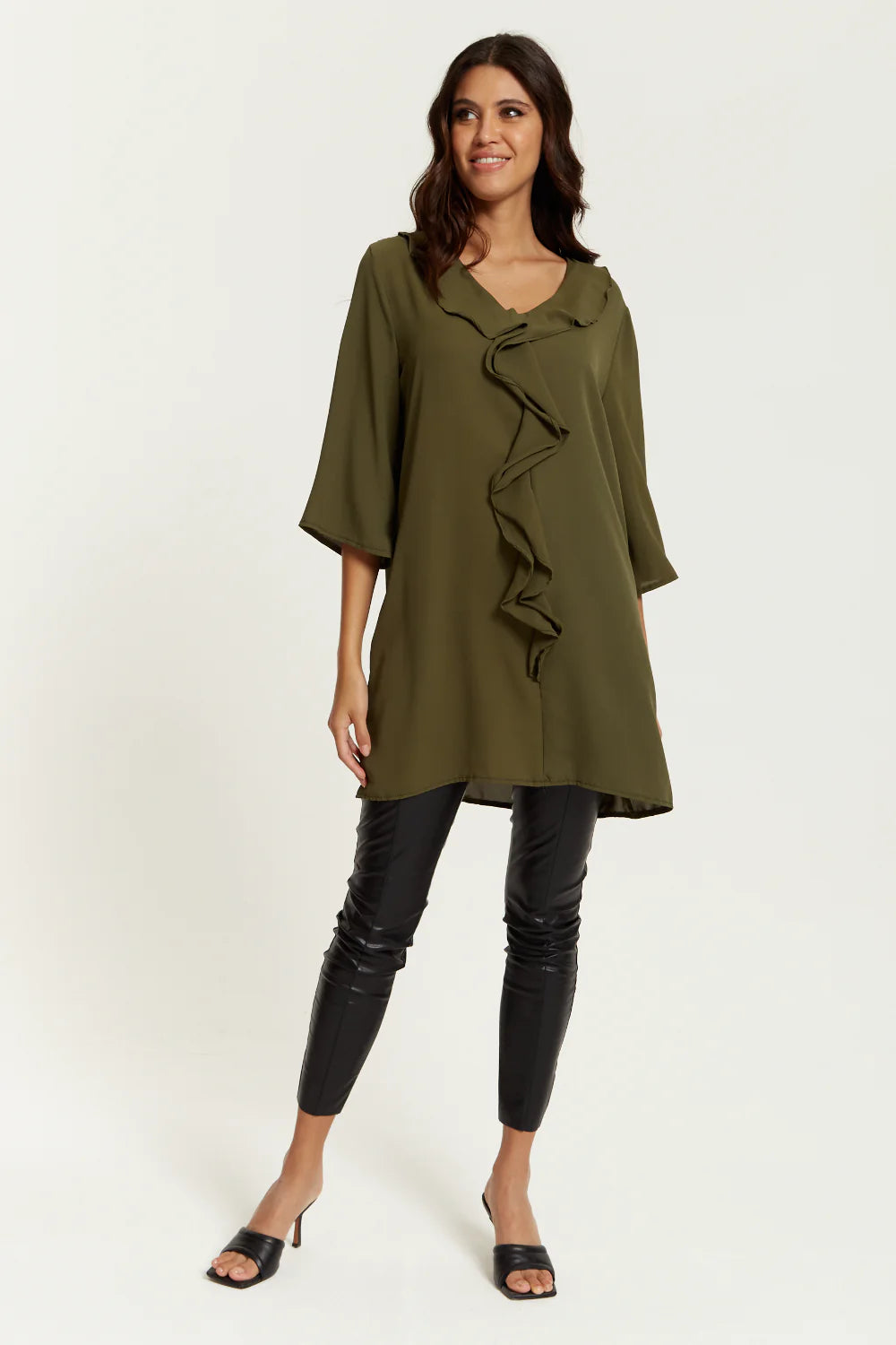 Hoxton Gal Frilled Tunic - Relaxed Fit, 3/4 Sleeves, Front Detail