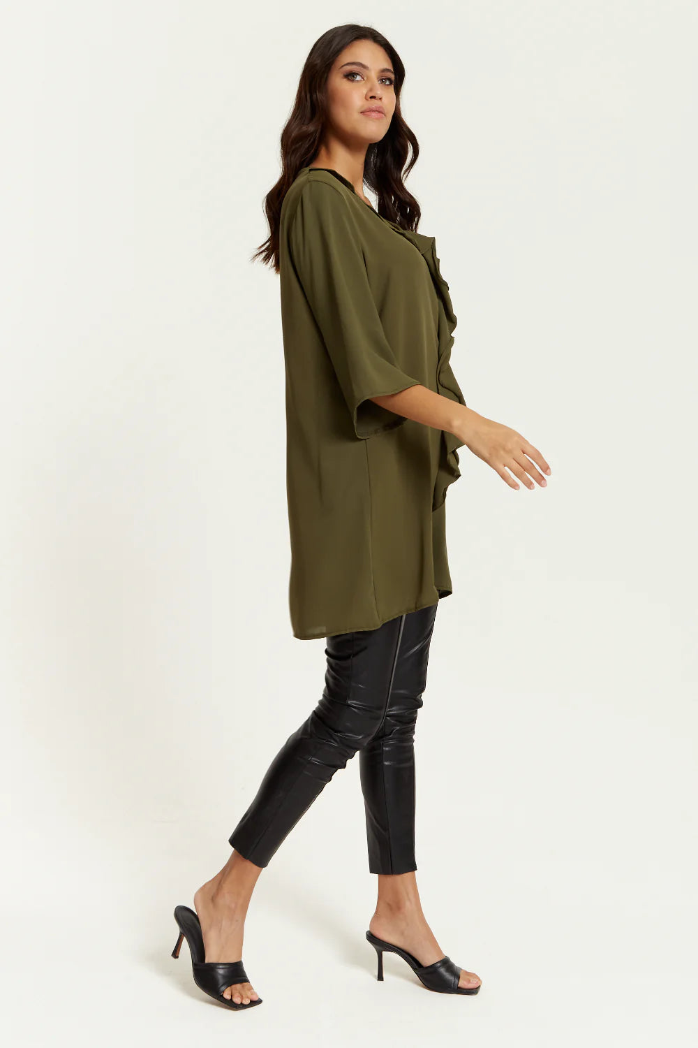 Hoxton Gal Frilled Tunic - Relaxed Fit, 3/4 Sleeves, Front Detail