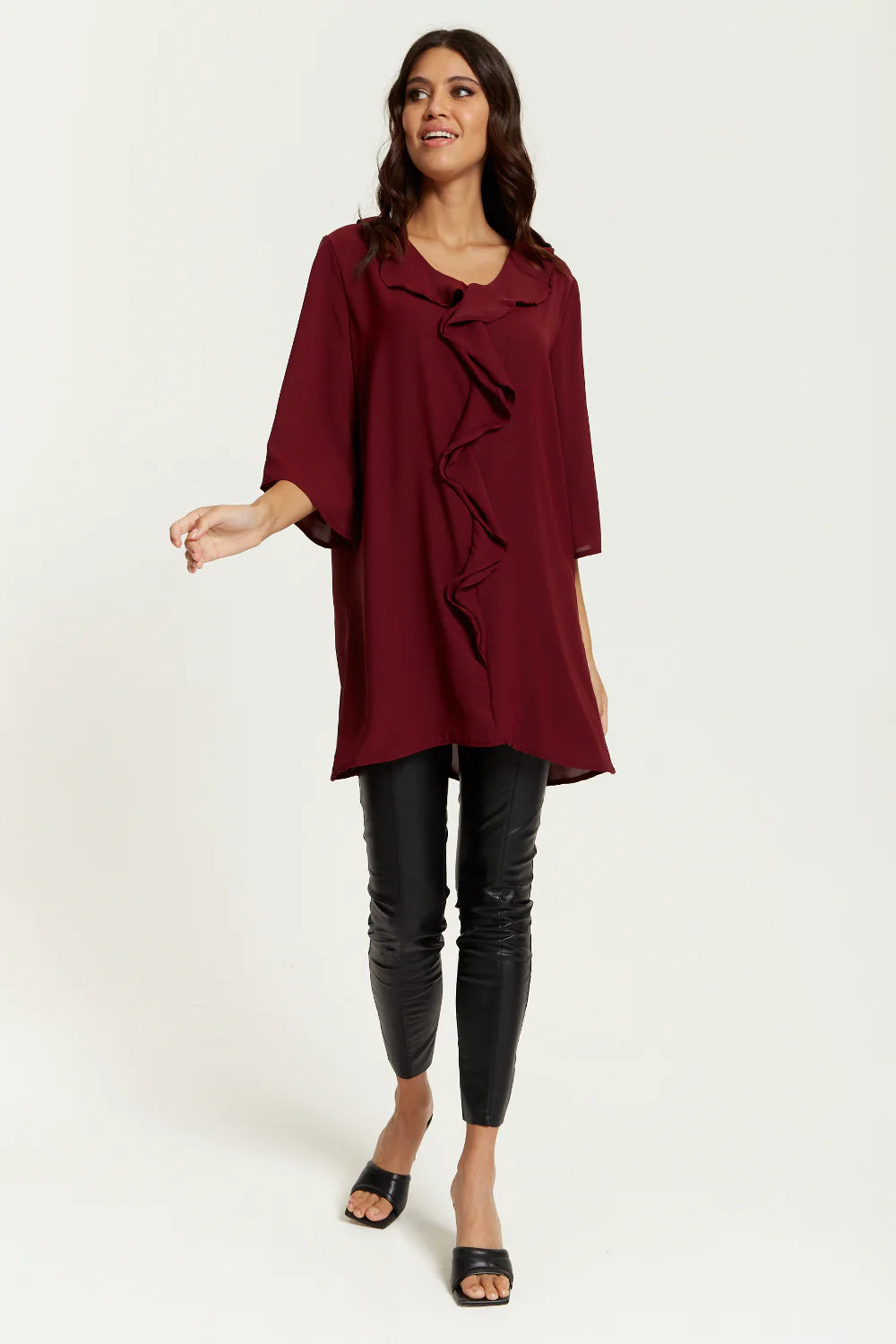 Hoxton Gal Frilled Tunic - Relaxed Fit, 3/4 Sleeves, Front Detail