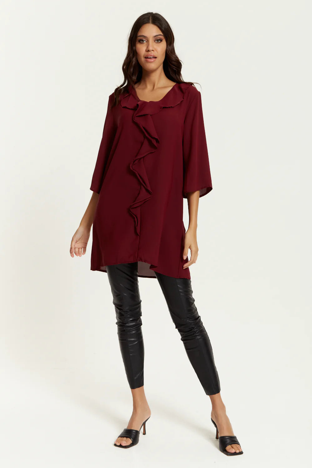 Hoxton Gal Frilled Tunic - Relaxed Fit, 3/4 Sleeves, Front Detail