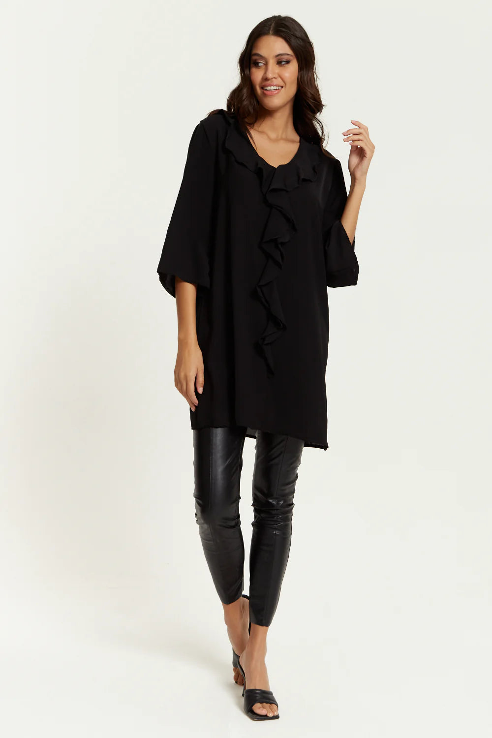 Hoxton Gal Frilled Tunic - Relaxed Fit, 3/4 Sleeves, Front Detail