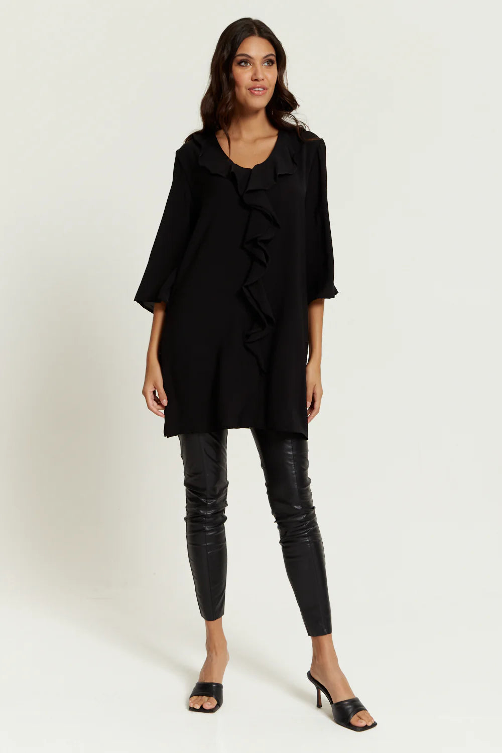 Hoxton Gal Frilled Tunic - Relaxed Fit, 3/4 Sleeves, Front Detail