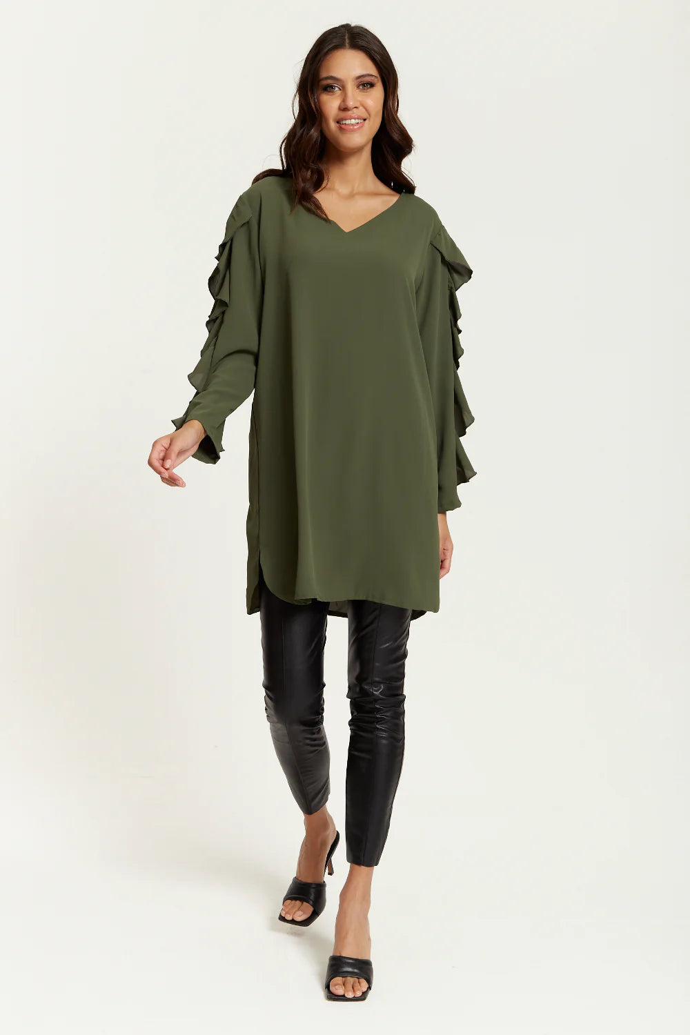 Hoxton Gal Oversized V Neck Tunic with Ruffle Sleeves