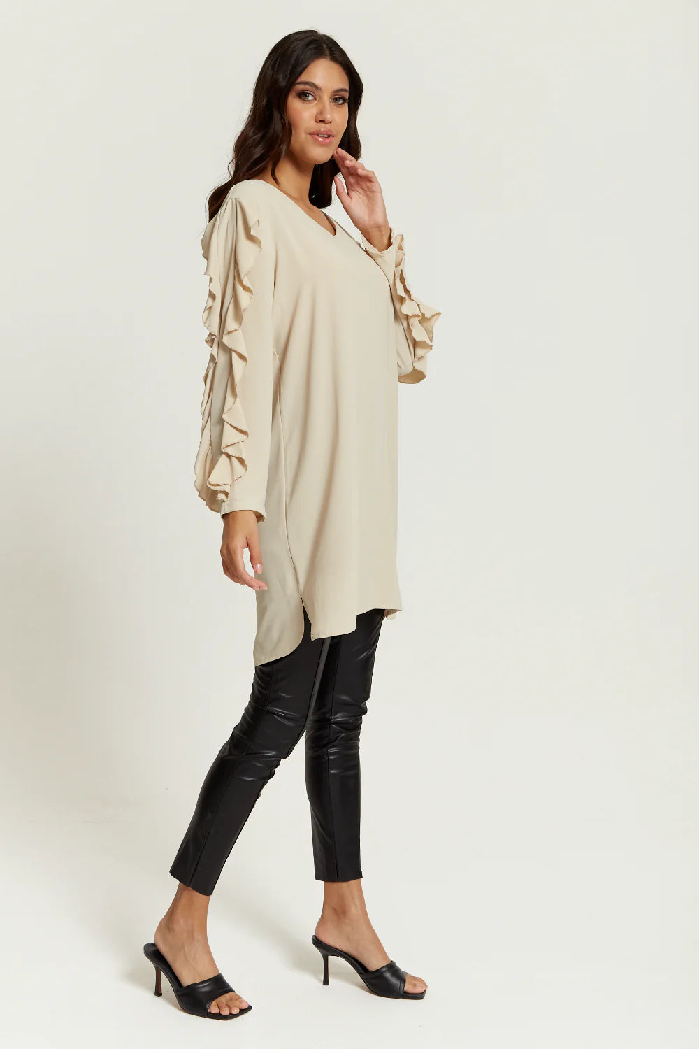 Hoxton Gal Oversized V Neck Tunic with Ruffle Sleeves