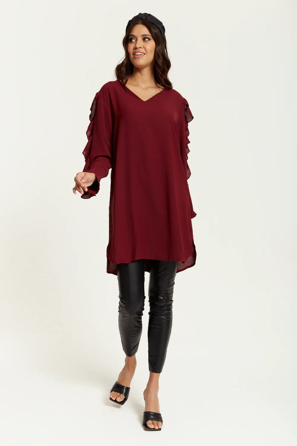 Hoxton Gal Oversized V Neck Tunic with Ruffle Sleeves