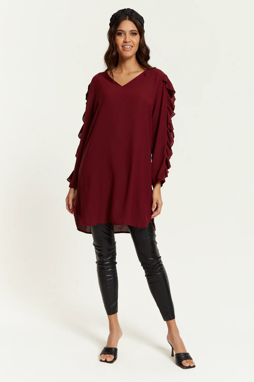 Hoxton Gal Oversized V Neck Tunic with Ruffle Sleeves