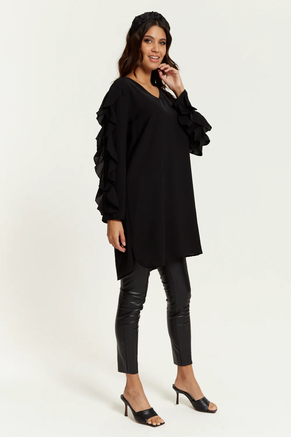 Hoxton Gal Oversized V Neck Tunic with Ruffle Sleeves