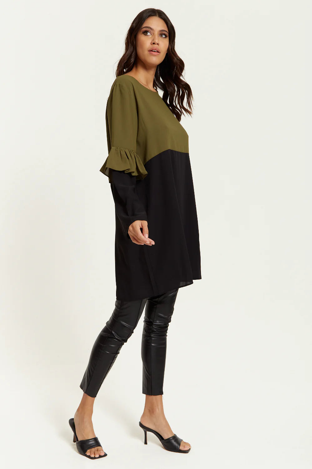 Hoxton Gal Satin Tunic Dress | Colour Block | Frill Sleeve Detail