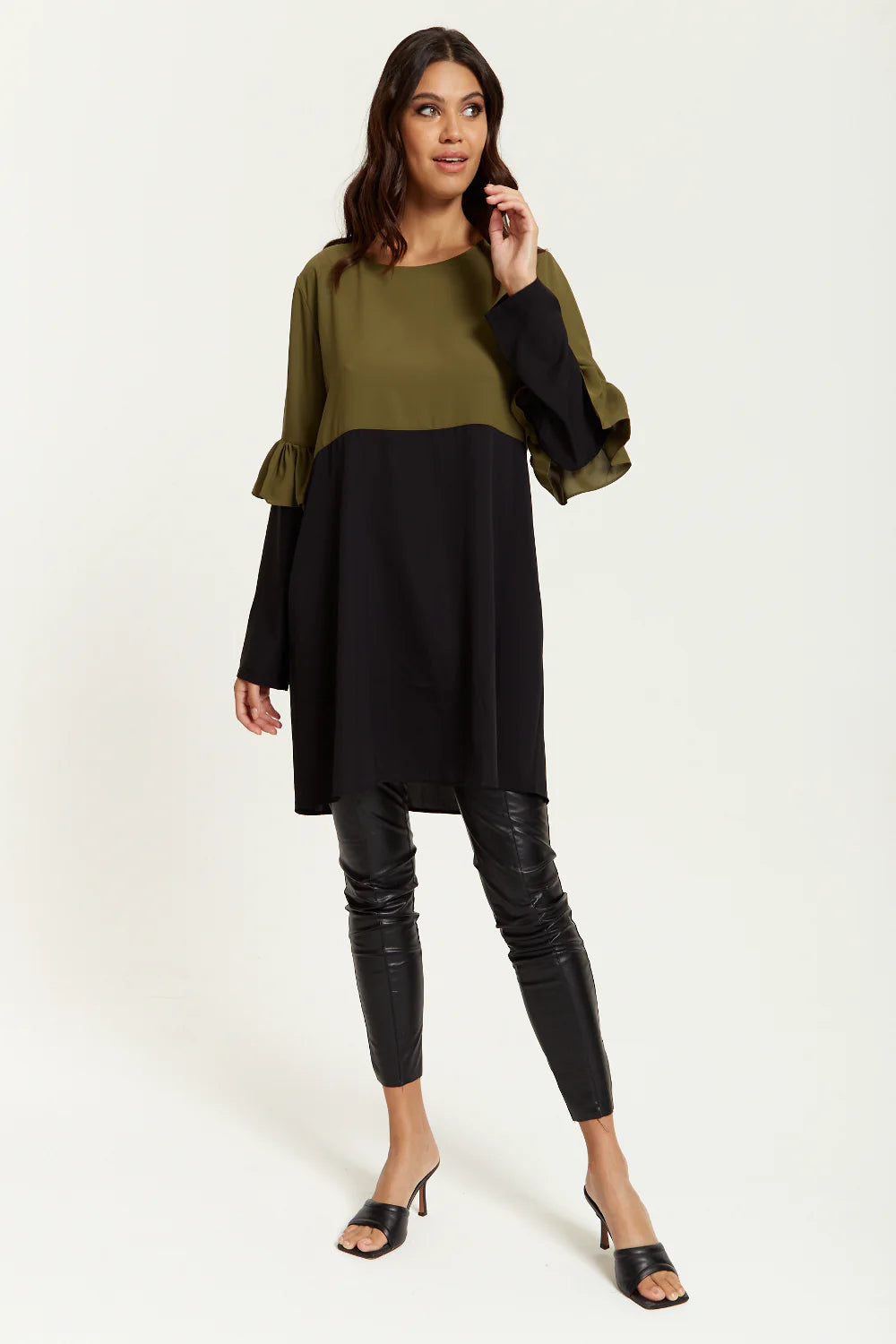 Hoxton Gal Satin Tunic Dress | Colour Block | Frill Sleeve Detail