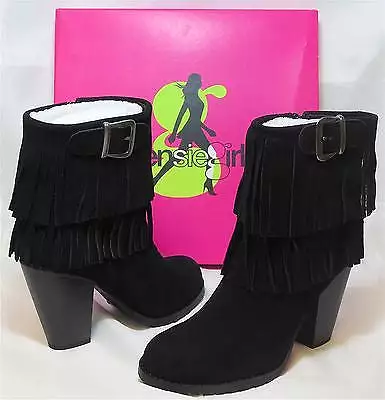 Kensie Girl Women's Ranella Fringe Boot in Black Suede - Size 6.