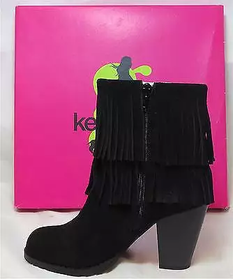 Kensie Girl Women's Ranella Fringe Boot in Black Suede - Size 6.