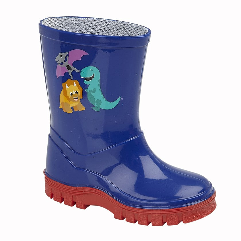 Kids Dinosaur Navy Wellington Boots - Sizes 3 to 10 for Infants