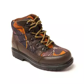 Kids' hunting boots in dark brown and camo.