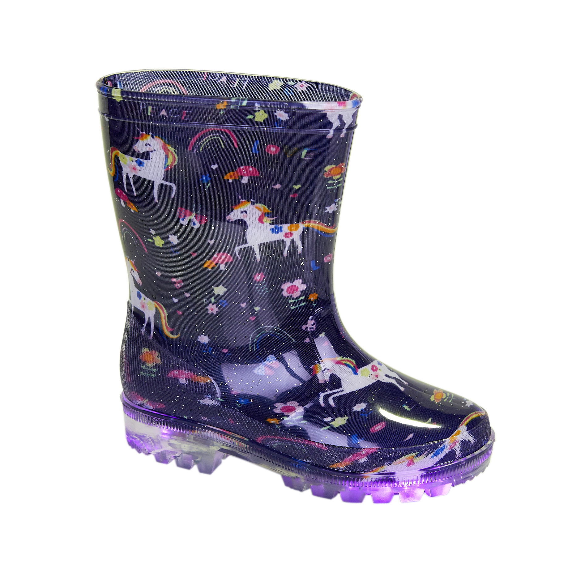 Kids Wellington Boots - Mystic Navy Light Up Unicorn - Girls Sizes 8-2