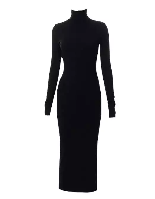 Knitted Turtleneck Long Black Dress