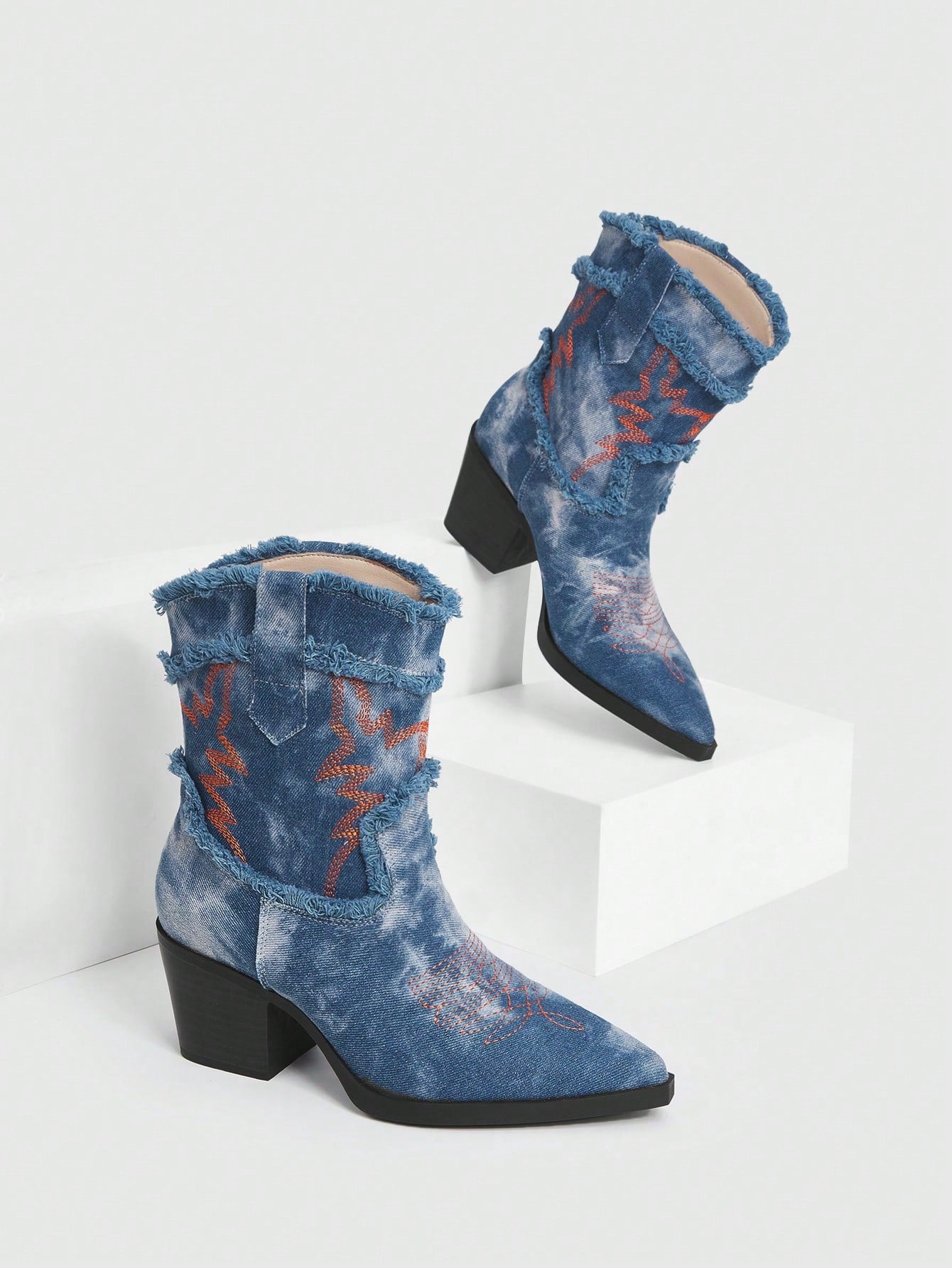 Ladies Denim Blue Chunky Heel Western Boots