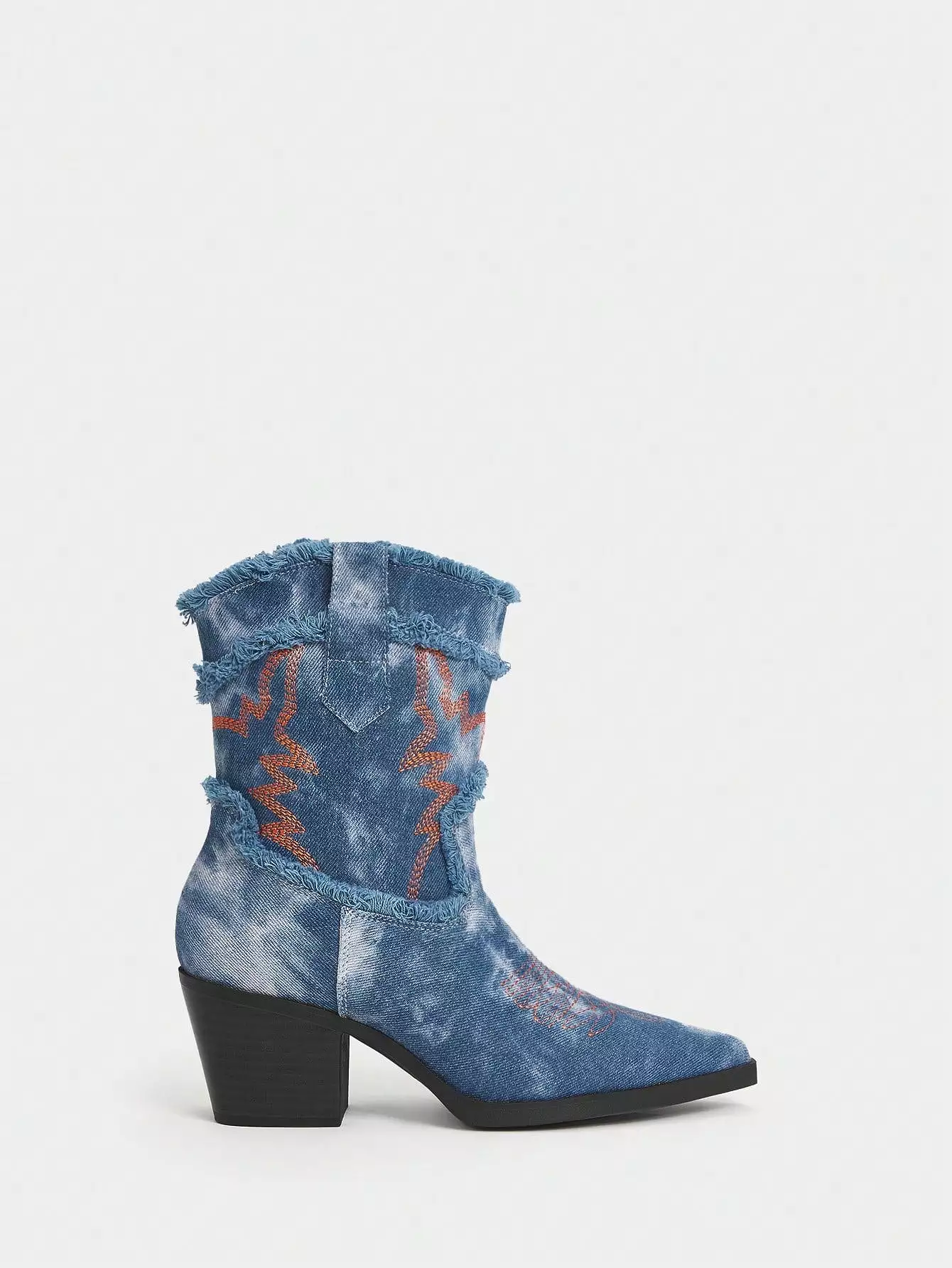 Ladies' Denim Blue Pointed Toe Western Boots with Chunky Heel for Comfort