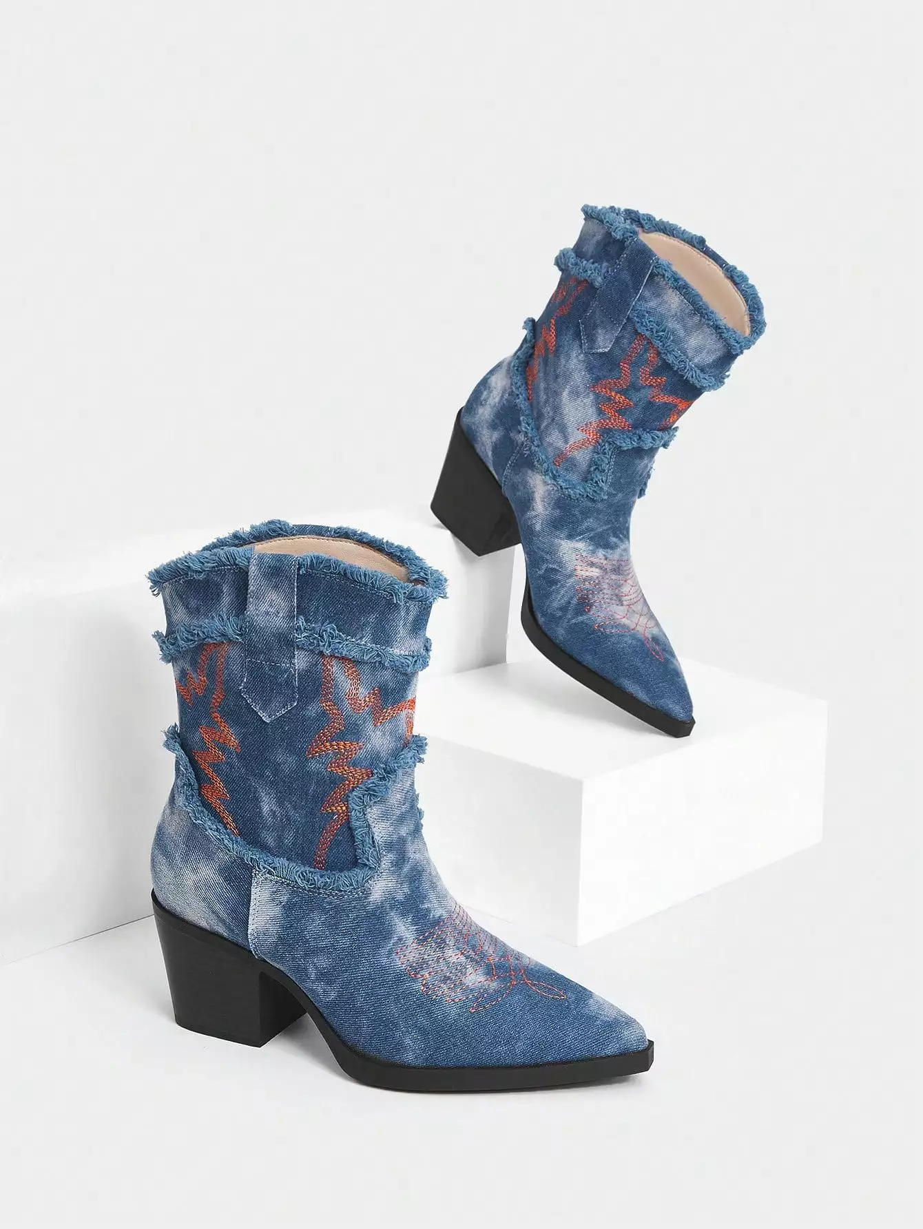 Ladies' Denim Blue Pointed Toe Western Boots with Chunky Heel for Comfort