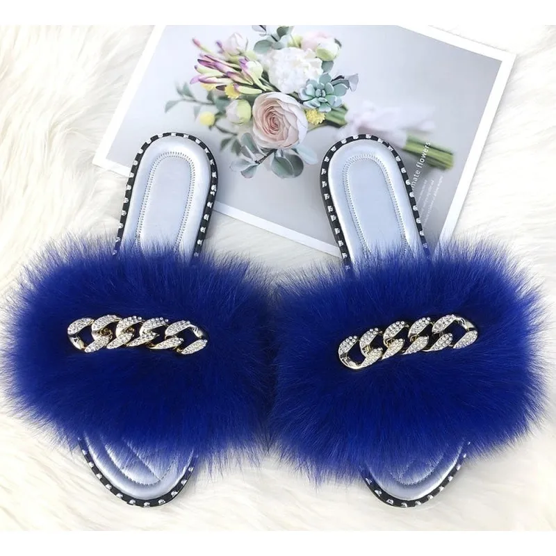 Luxury Blue Fluffy Fur Slide Flip Flop Sandals for Women