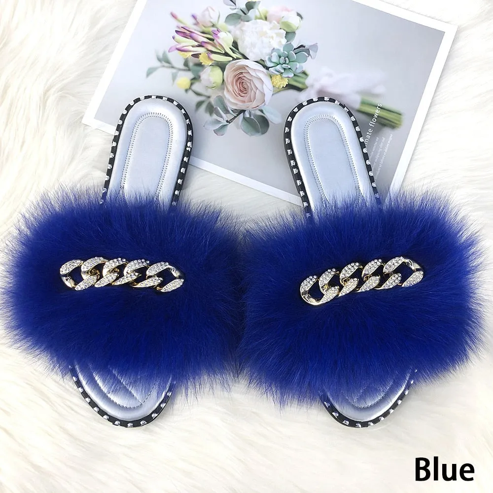 Luxury Blue Fluffy Fur Slide Flip Flop Sandals for Women