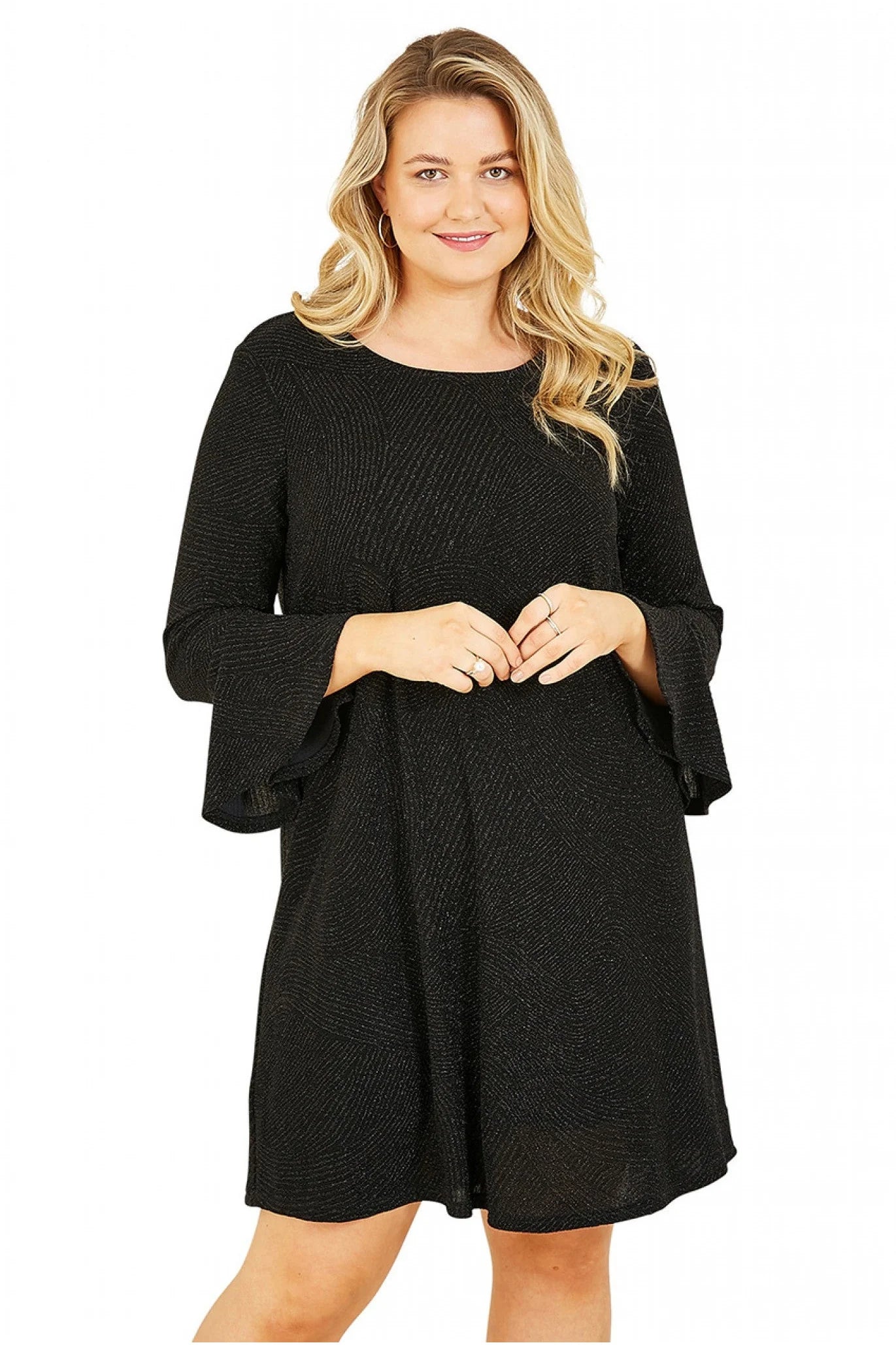 Mela London Black Sparkle Tunic, Fluted Sleeves.