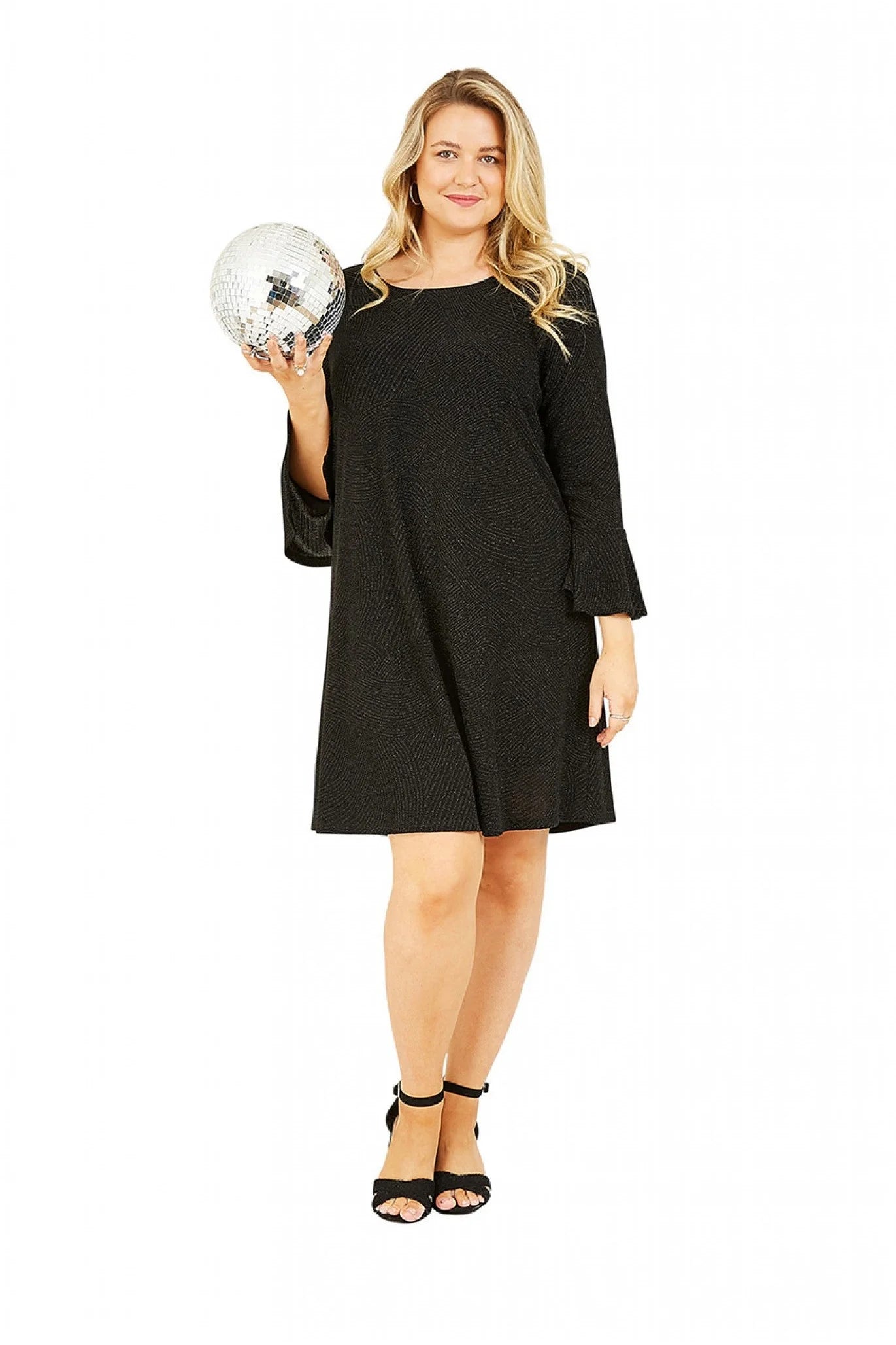 Mela London Black Sparkle Tunic, Fluted Sleeves.