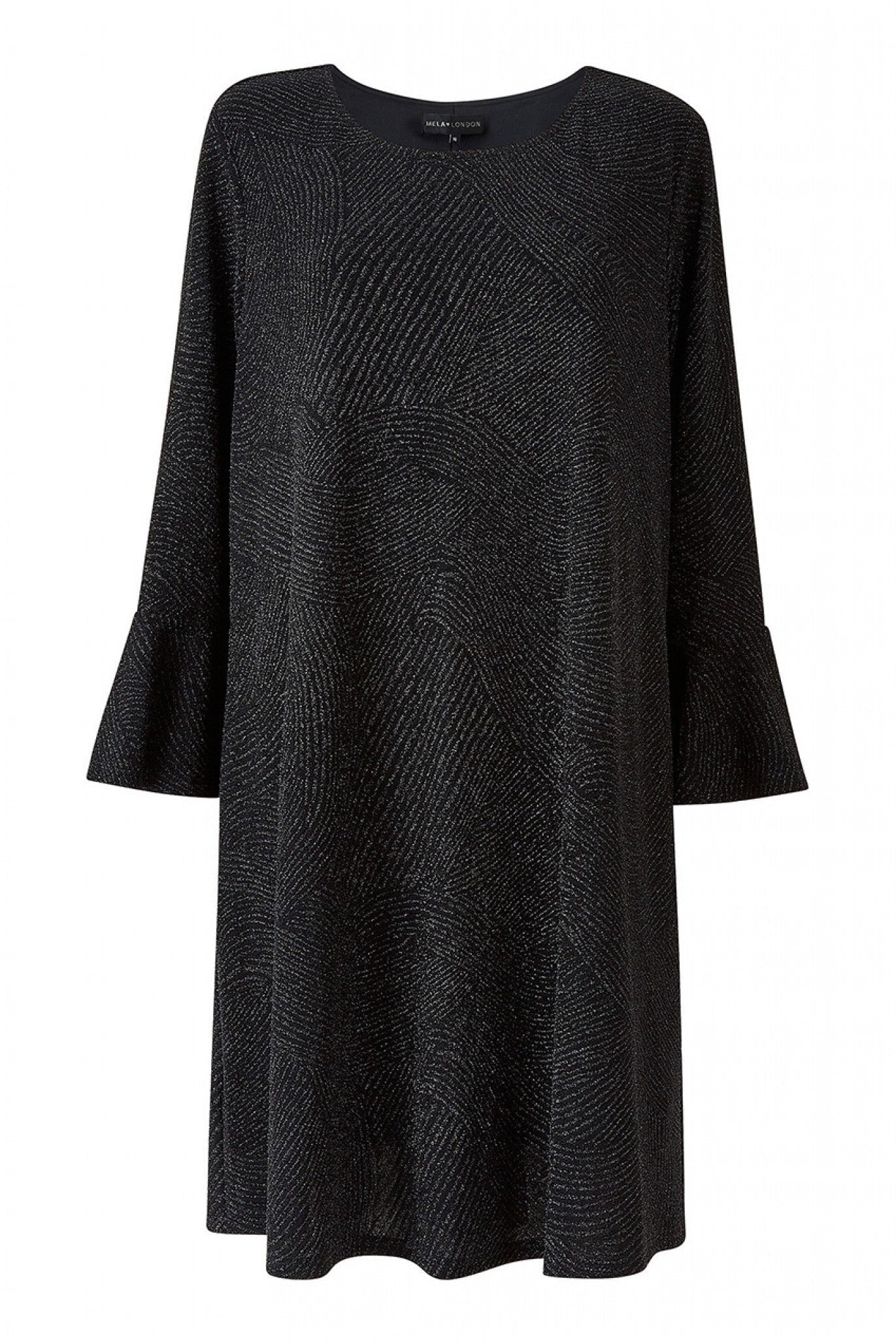 Mela London Black Sparkle Tunic, Fluted Sleeves.