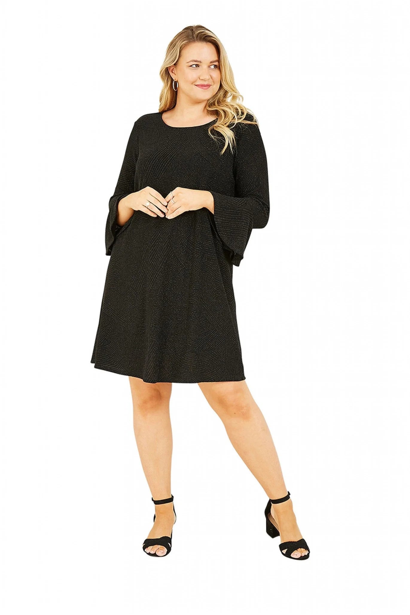 Mela London Black Sparkle Tunic, Fluted Sleeves.