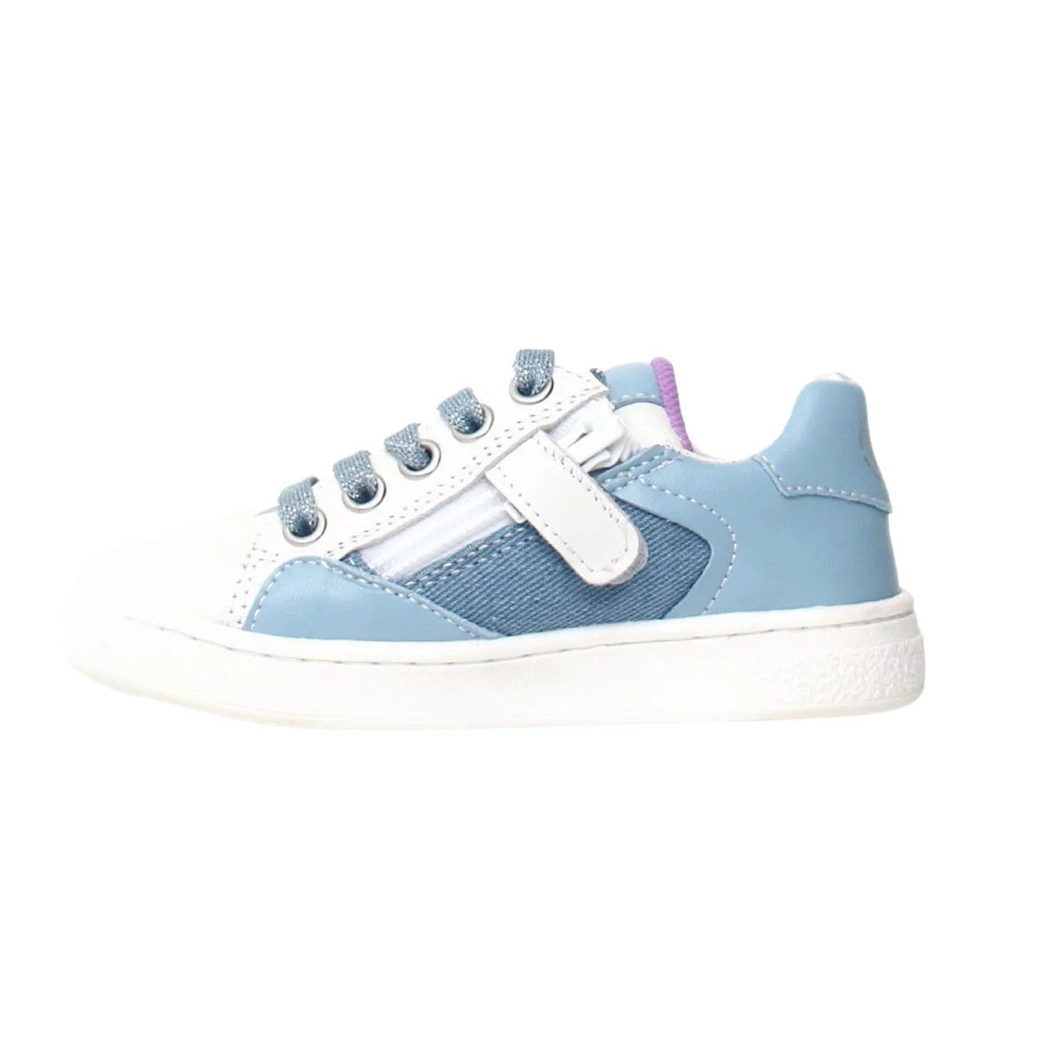 Naturino denim side zip sneaker for girls, sizes 27-32.