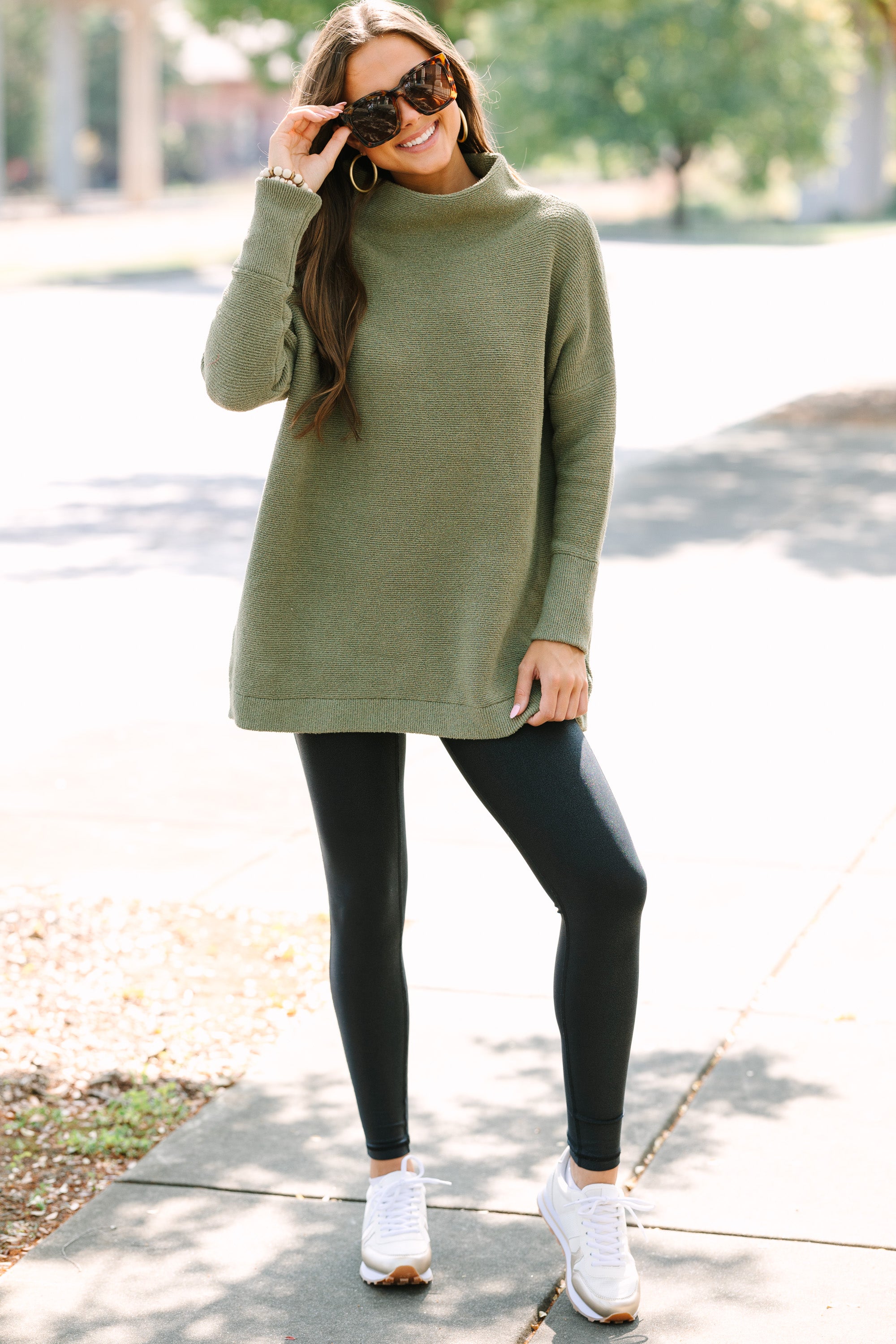 Olive Green Mock Neck Tunic, Slouchy Style, Perfect for Every Occasion, Shop Now