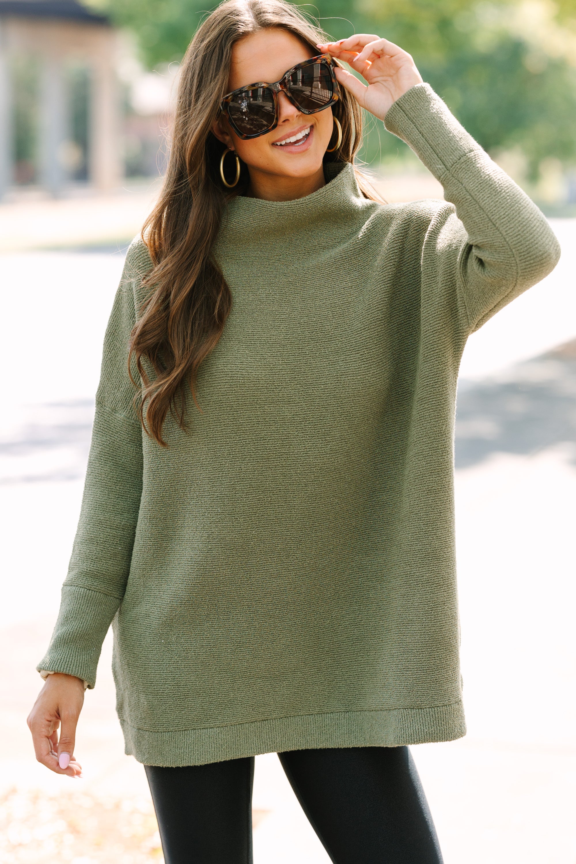 Olive Green Mock Neck Tunic, Slouchy Style, Perfect for Every Occasion, Shop Now