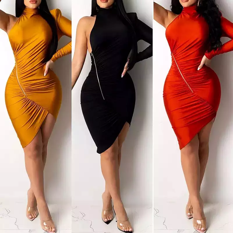 One Shoulder Turtleneck Dress with Zipper