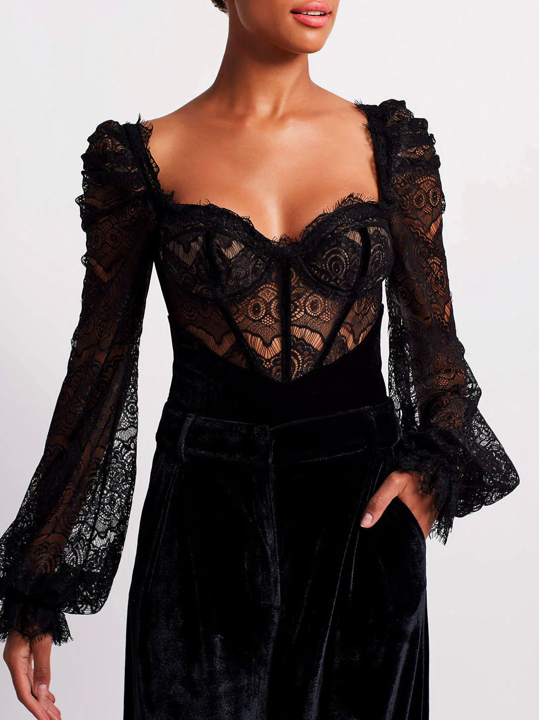 Patbo - Black Lace and Velvet Bodysuit