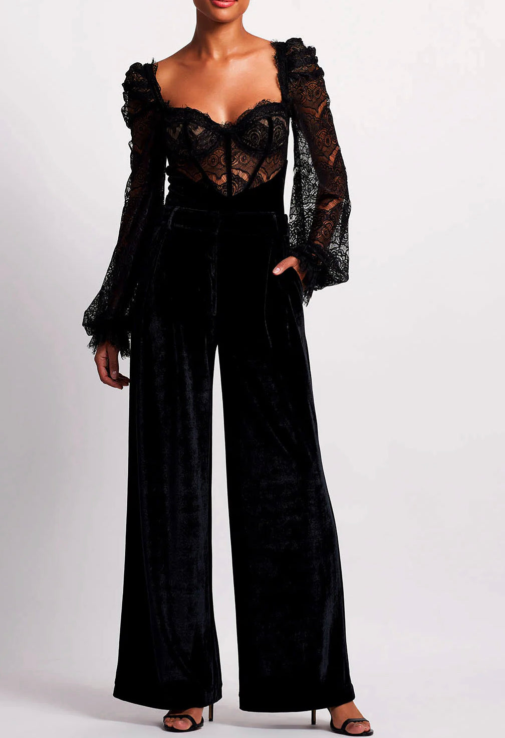 Patbo - Black Lace and Velvet Bodysuit