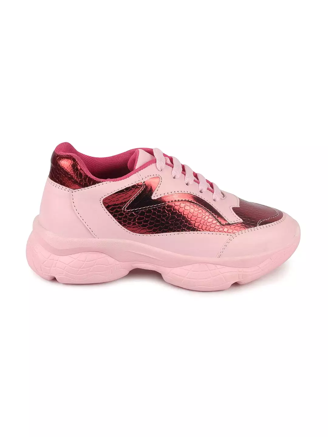 Pink women's sports and outdoor running shoes with lace-up design.