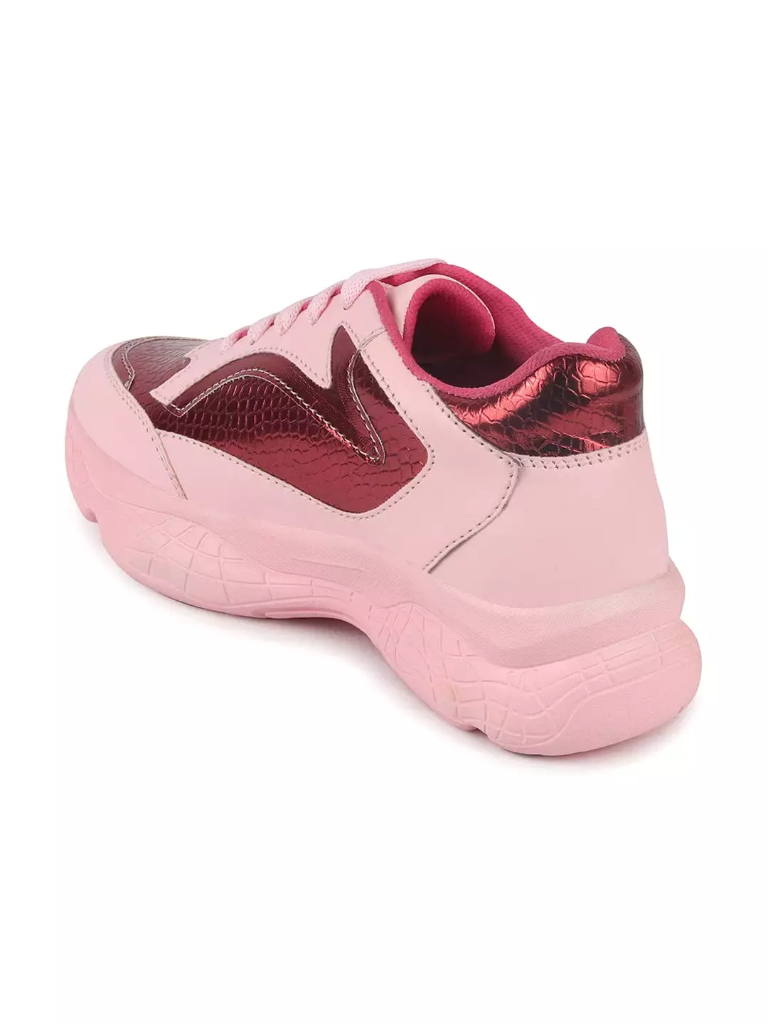 Pink women's sports and outdoor running shoes with lace-up design.